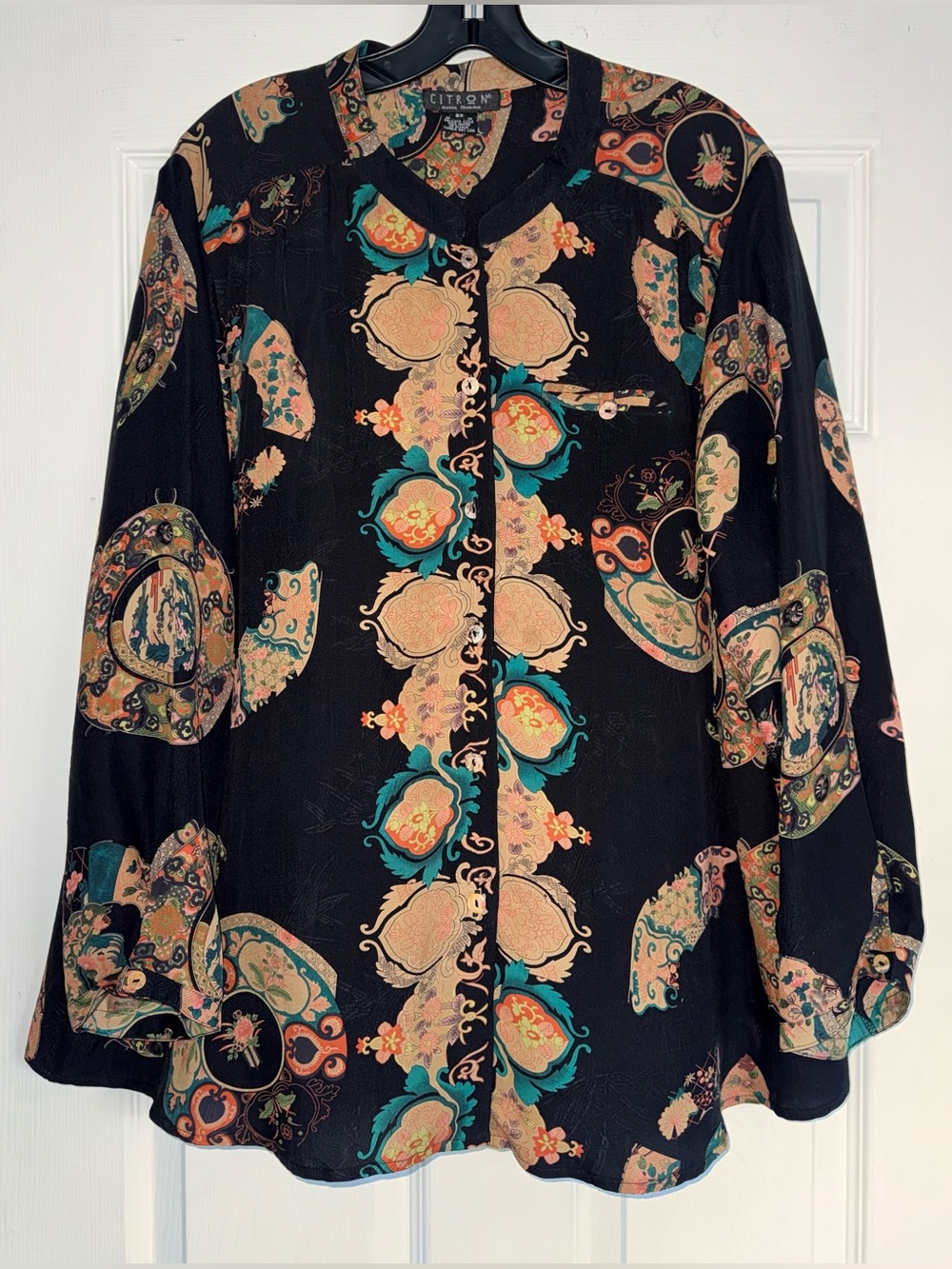 CITRON Santa Monica 100% Silk Mandarin Collar Print Button Up Blouse Tunic 2X